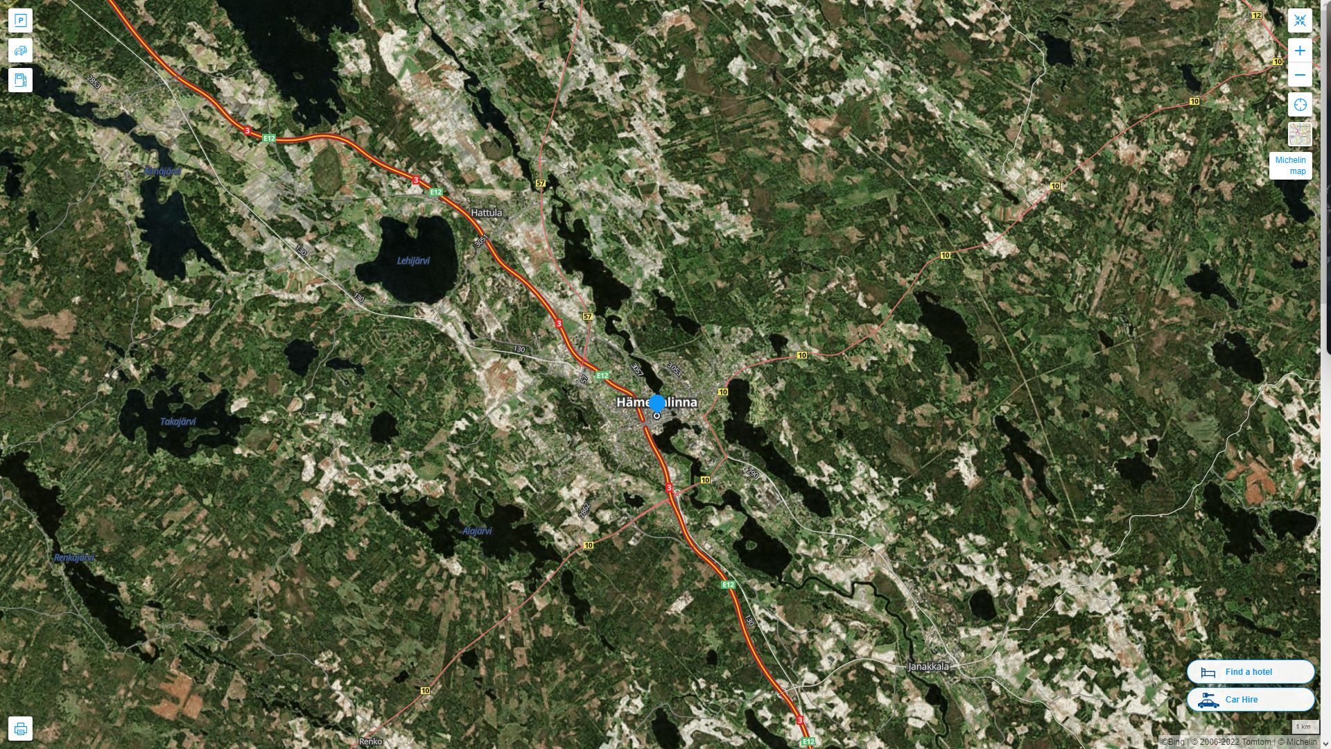 Hameenlinna Finlande Autoroute et carte routiere avec vue satellite